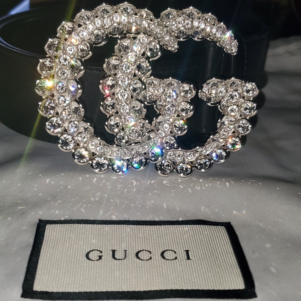 Gucci Leather Belt w/ Double G Crystal Buckle